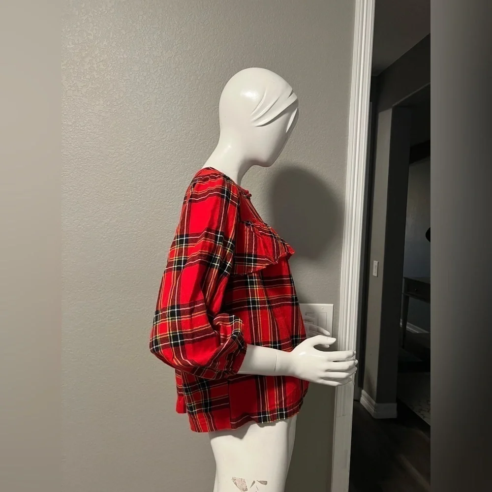 J Crew Ruffle Top in Festive Plaid Red Sz PM